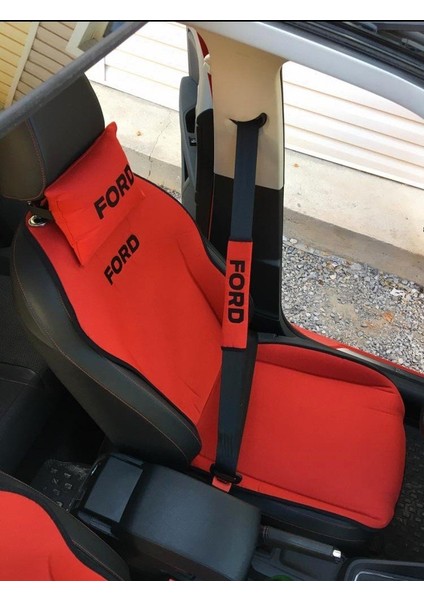 Ford Nakışlı Ön Ikili Oto Koltuk Minderi 2 Adet Boyun Yastığı 2 Adet Kemer Pedi Kırmızı