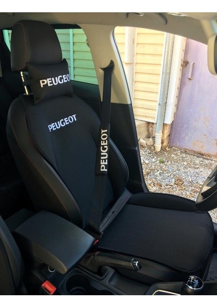 Peugeot Nakışlı Ön Ikili Oto Koltuk Minderi 2 Adet Boyun Yastığı 2 Adet Kemer Pedi Siyah