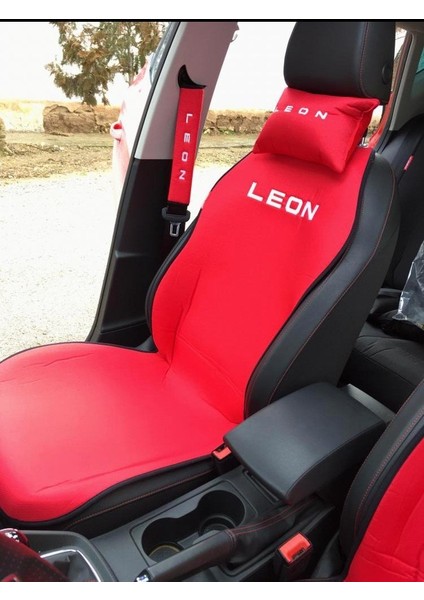 Seat Leon Nakışlı Ön Ikili Oto Koltuk Minderi 2 Adet Boyun Yastığı 2 Adet Kemer Pedi Kırmızı