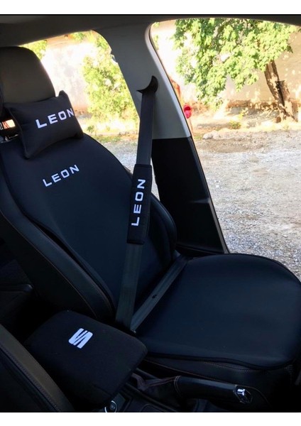 Seat Leon Nakışlı Ön Ikili Oto Koltuk Minderi 2 Adet Boyun Yastığı 2 Adet Kemer Pedi Siyah
