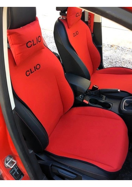 Renault Clio Nakışlı Ön Ikili Oto Koltuk Minderi 2 Adet Boyun Yastığı 2 Adet Kemer Pedi Kırmızı