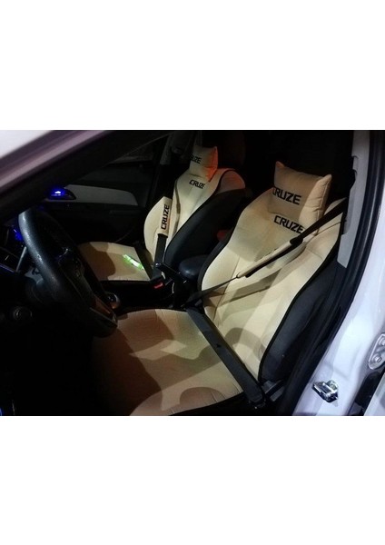 Chevrolet Cruze Nakışlı Ön Ikili Oto Koltuk Minderi 2 Adet Boyun Yastığı 2 Adet Kemer Pedi Krem