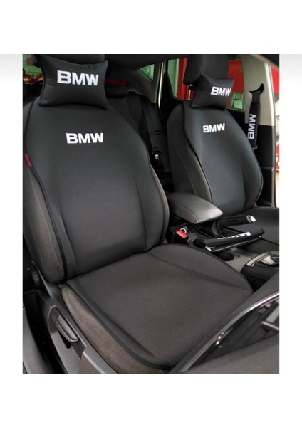 Bwm Nakışlı Ön Ikili Oto Koltuk Minderi 2 Adet Boyun Yastığı 2 Adet Kemer Pedi Siyah