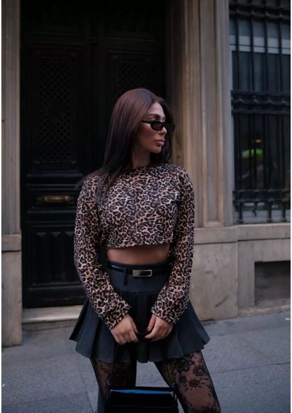 Leopar Desenli Uzun Kollu Crop - Leopar