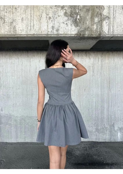 Kolsuz Mini Elbise- Gri