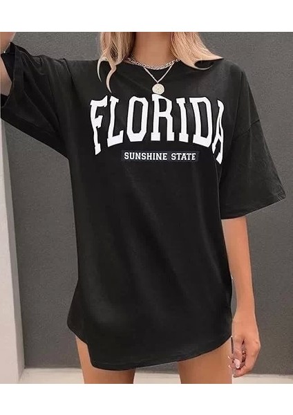 Kadın Bisiklet Yaka Baskılı T-Shirt - Siyah
