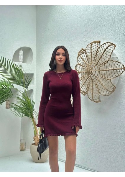 Sırt Pencereli Mini Triko Elbise - Bordo
