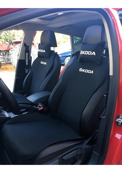 Skoda Nakışlı Ön Ikili Oto Koltuk Minderi 2 Adet Boyun Yastığı 2 Adet Kemer Pedi Siyah