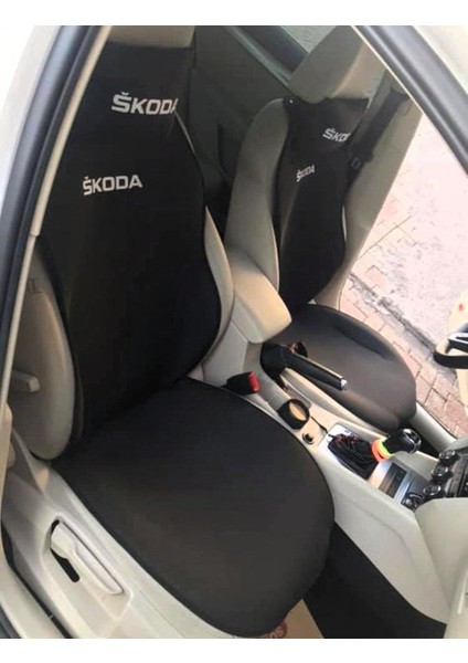 Skoda Nakışlı Ön Ikili Oto Koltuk Minderi 2 Adet Boyun Yastığı 2 Adet Kemer Pedi Siyah