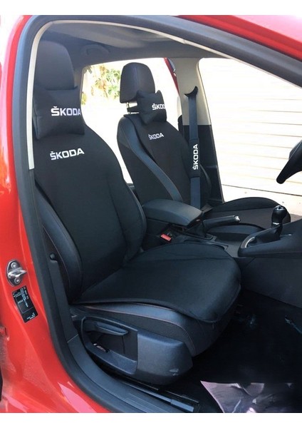 Skoda Nakışlı Ön Ikili Oto Koltuk Minderi 2 Adet Boyun Yastığı 2 Adet Kemer Pedi Siyah