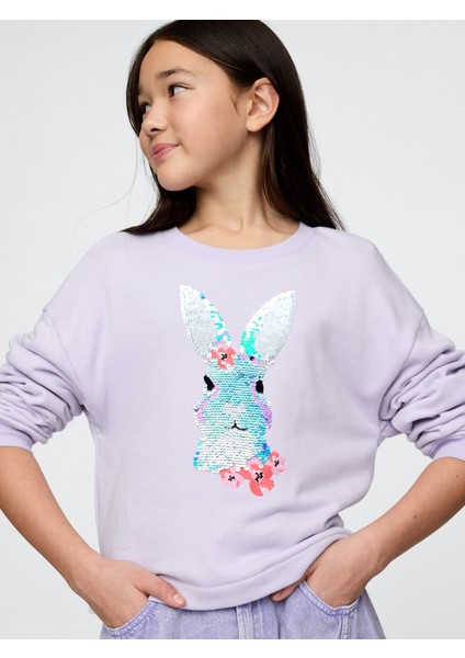 Kız Çocuk Lila Pul Detaylı Grafik Sweatshirt