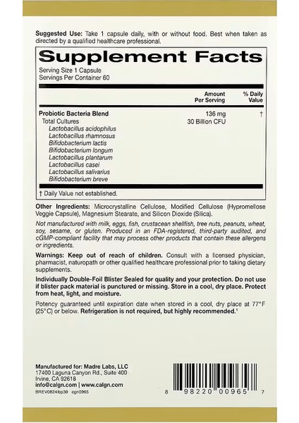 Lactobif 5 Probiotics Wit 5 Lactobacilli 3 Bifidobacteria, 30 Billion Cfu, 60 Vegan modelleri