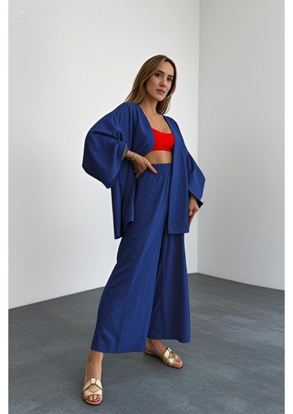 Keten Kadın Salaş Kimono Ikili Takim LN29LACIVERT2