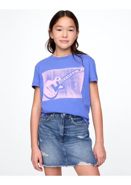 Kız Çocuk Mavi Relaxed Grafik T-Shirt