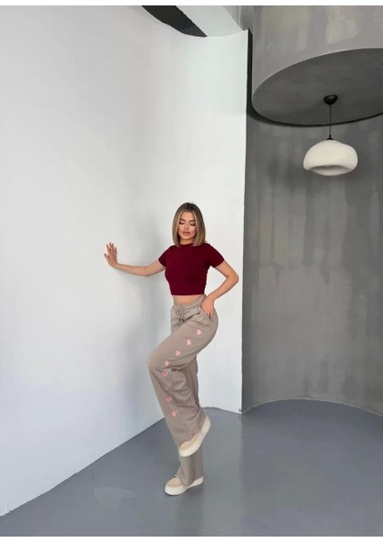 Osy Modal Yumuşak Dokulu Kumaş Nakış Işlemeli Rahat Bol Paça Eşofman Pantalon - Bej