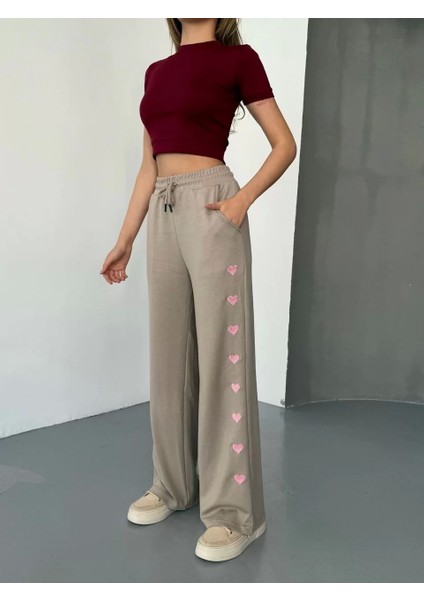 Osy Modal Yumuşak Dokulu Kumaş Nakış Işlemeli Rahat Bol Paça Eşofman Pantalon - Bej