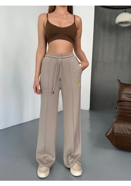 Osy Modal Yumuşak Dokulu Kumaş Nakış Işlemeli Rahat Bol Paça Eşofman Pantalon - Bej