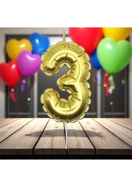 Gold Üç 3 Numara Mum Gold Folyo Balon Şeklinde Pasta Mumu Gold Pasta Mumu Gold Doğum Günü Mumu