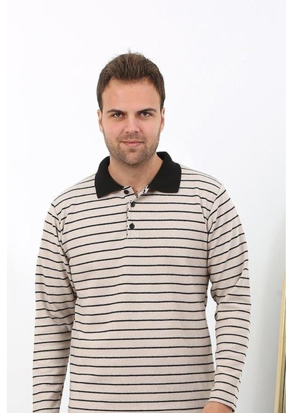 Erkek Uzun Kol Penye Tek Üst Pijama Tshırt 6871 Krem