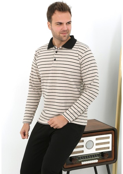 Erkek Uzun Kol Penye Tek Üst Pijama Tshırt 6871 Krem