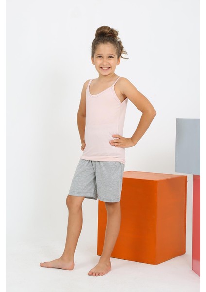 Kız Çocuk Ip Askılı Şortlu Penye Pembe Pijama Takım 20430