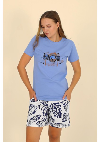 Kadın Şortlu Kısa Kol Penye Pijama Takımı Mavi 3622