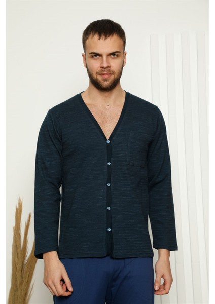 Erkek %100 Pamuk Önden Düğmeli Cepli Uzun Kollu Pijama Takımı 6768
