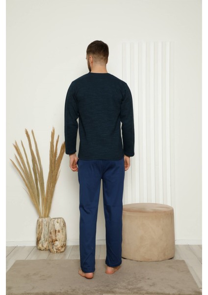 Erkek %100 Pamuk Önden Düğmeli Cepli Uzun Kollu Pijama Takımı 6768