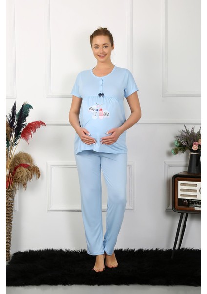 Kadın Kısa Kol Hamile Lohusa Pijama Takımı Mavi 45210