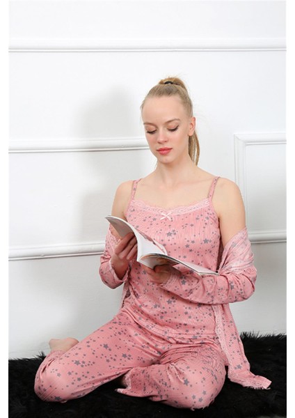 Kadın 3'lü Gül Kurusu Sabahlık Pijama Takım 16103