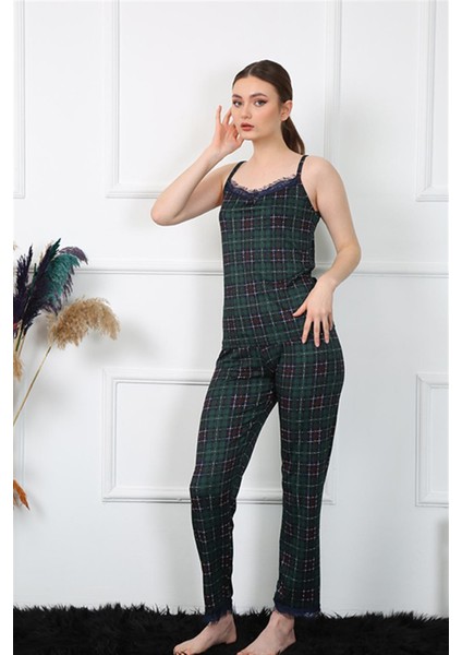 Kadın Ip Askılı Yeşil Ekoseli Pijama Takım 4135