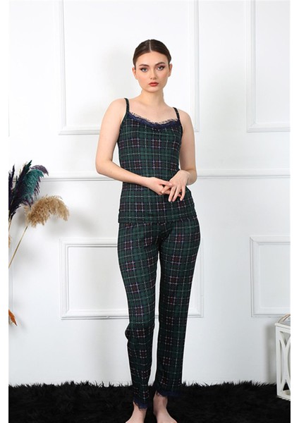 Kadın Ip Askılı Yeşil Ekoseli Pijama Takım 4135