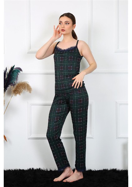 Kadın Ip Askılı Yeşil Ekoseli Pijama Takım 4135