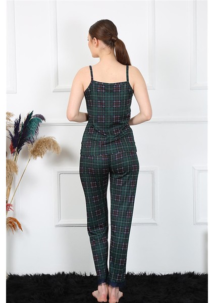 Kadın Ip Askılı Yeşil Ekoseli Pijama Takım 4135