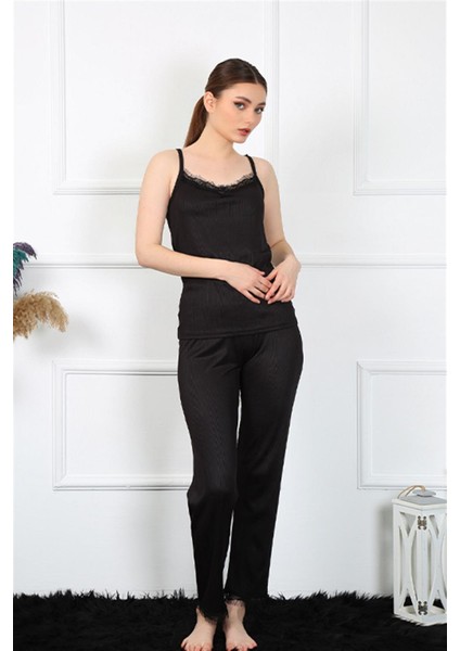 Kadın Ip Askılı Siyah Pijama Takım 4136