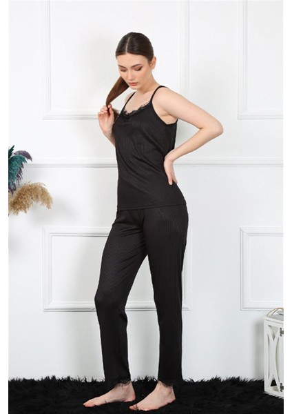 Kadın Ip Askılı Siyah Pijama Takım 4136