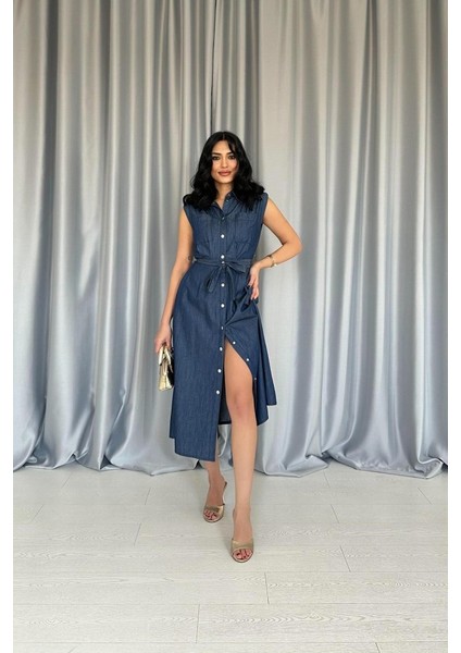 Mavi Tencel Çıtçıtlı Elbise