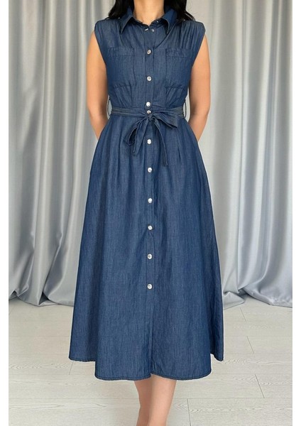 Mavi Tencel Çıtçıtlı Elbise