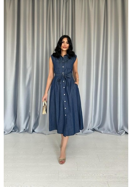 Mavi Tencel Çıtçıtlı Elbise