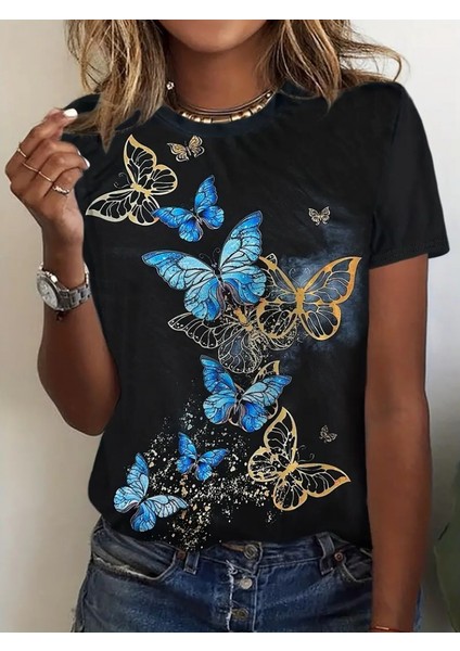 Kadın Kısa Kollu Mavi Sarı Kelebek Baskı Süprem Bluz