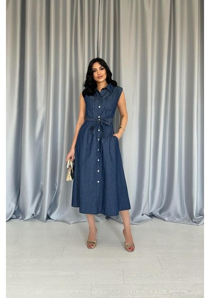 Mavi Tencel Çıtçıtlı Elbise