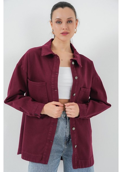 20192 Oversize Gabardin Gömlek Ceket - Bordo