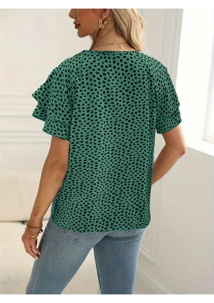 Kadın Kısa Kollu Kolları Volanlı Baskılı Süprem Bluz fiyatları
