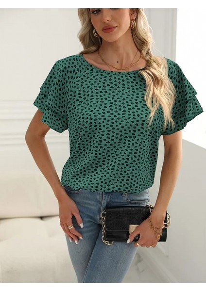 Kadın Kısa Kollu Kolları Volanlı Baskılı Süprem Bluz modelleri