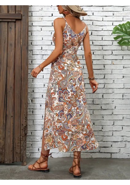 Kadın Ip Askılı V Yakalı Baskılı Yırtmaçlı Süprem Uzun Elbise fırsatları