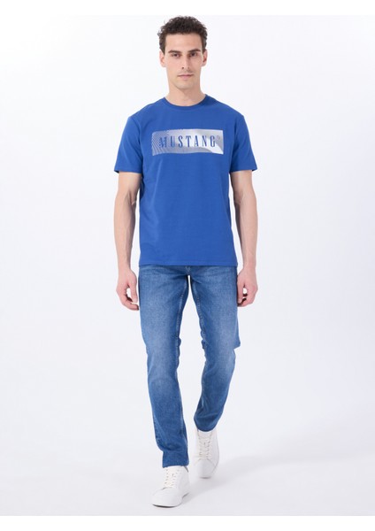 Bisiklet Yaka Baskılı Indigo Erkek T-Shirt M5SM-TST1287