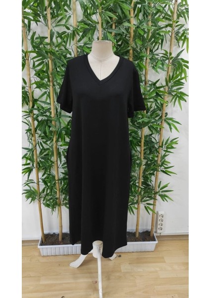 Kadın Kısa Kollu V Yakalı Cep Detaylı Uzun Viskon Iki Iplik Elbise indirimleri