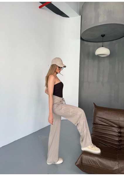 Osy Modal Yumuşak Dokulu Kumaş Nakış Işlemeli Rahat Bol Paça Eşofman Pantalon - Bej