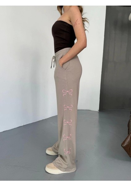 Osy Modal Yumuşak Dokulu Kumaş Nakış Işlemeli Rahat Bol Paça Eşofman Pantalon - Bej