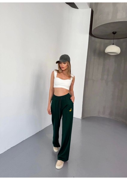 Osy Modal Yumuşak Dokulu Kumaş Nakış Işlemeli Rahat Bol Paça Eşofman Pantalon - Haki